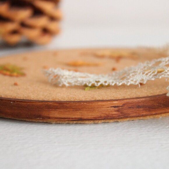 Embroidered Hoop Art, Autumn Leaves on Felt, 6" Stained Brown Wooden Frame, - Picture 4 of 10